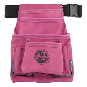 10-Pocket Suede Leather Nail and Tool Pouch with Belt in Pink