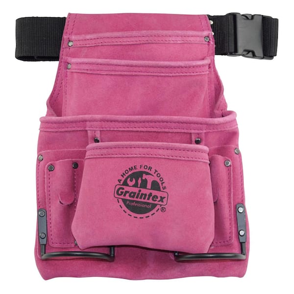 Graintex 10-Pocket Suede Leather Nail and Tool Pouch with Belt in Pink