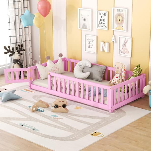 Harper & Bright Designs Pink Wood Frame Twin Size Floor Bed, Platform Bed with Fence and Door