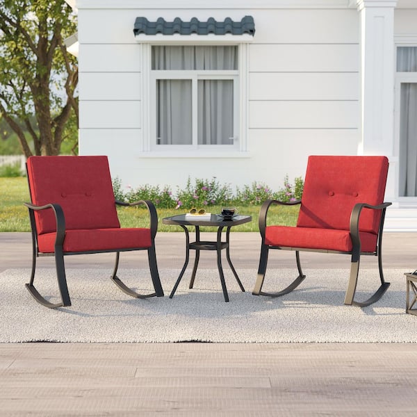 3-Piece Metal Frame Outdoor Bistro Set 2 Rocking Chairs with Red Cushions and Tempered Glass Side Table