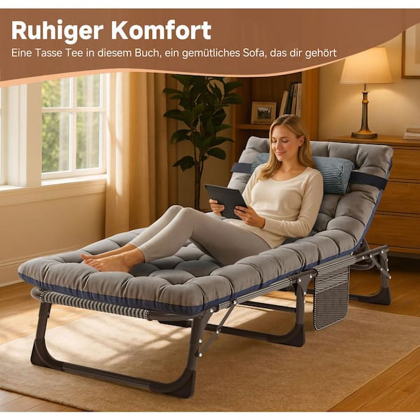 Folding Camping Cot Portable Outdoor Chaise Lounge Chair w/ Mat Double Layer 1200D 500 lbs. Steel Cot, Navy Blue