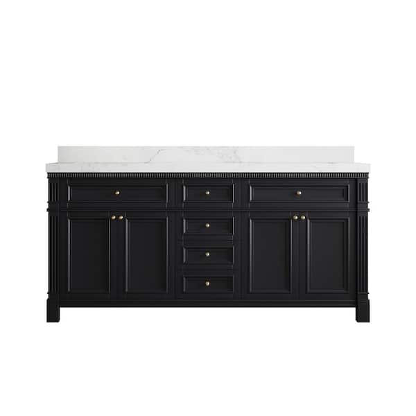 Willow Collections Paris 72 in. W x 22 in. D x 36 in. H Double Sink Bath Vanity in Black with 2 in. Calacatta Nuvo qt. Top