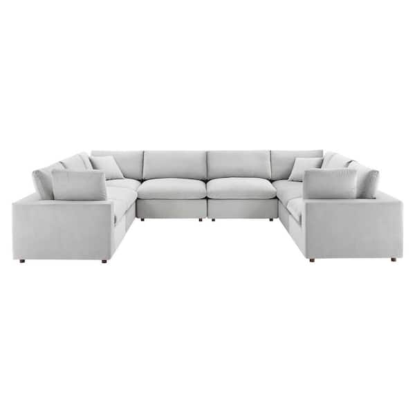 MODWAY Commix 158 in. 8-Piece Light Gray Down Filled Overstuffed Performance Velvet Sectional Sofa