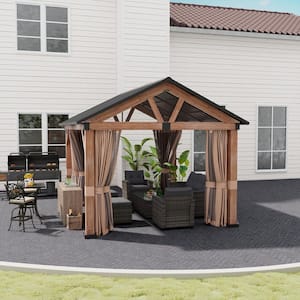12 ft. x 10 ft. Aluminum Hardtop Canopy Outdoor Garden Gazebo with Netting and Curtains in Brown