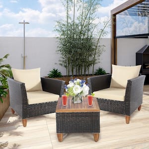 3-Piece Wicker Patio Conversation Set Wooden Table Top with Beige Cushions