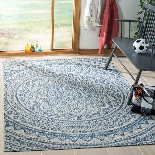Courtyard Light Gray/Blue 3 ft. x 3 ft. Medallion Indoor/Outdoor Square Area Rug