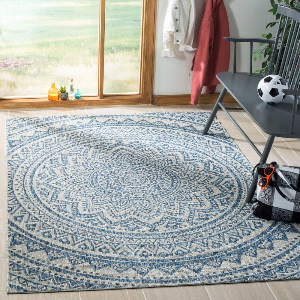 Light Grey and Blue Synthetic Square Indoor/Outdoor Area Rug