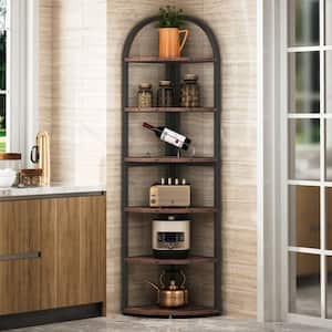 Kacie 71.6 in. Black Metal Frame and Rustic Brown Particleboard 6-Shelf Corner Standard Bookcase with Open Back