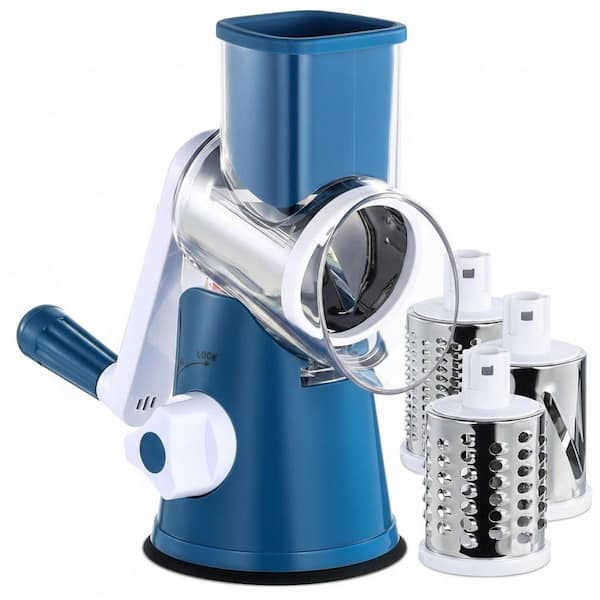 Blue Rotary Cheese Grater Mandoline Vegetable Slicer with 3 Stainless Steel Blades Easy Clean for Kitchen