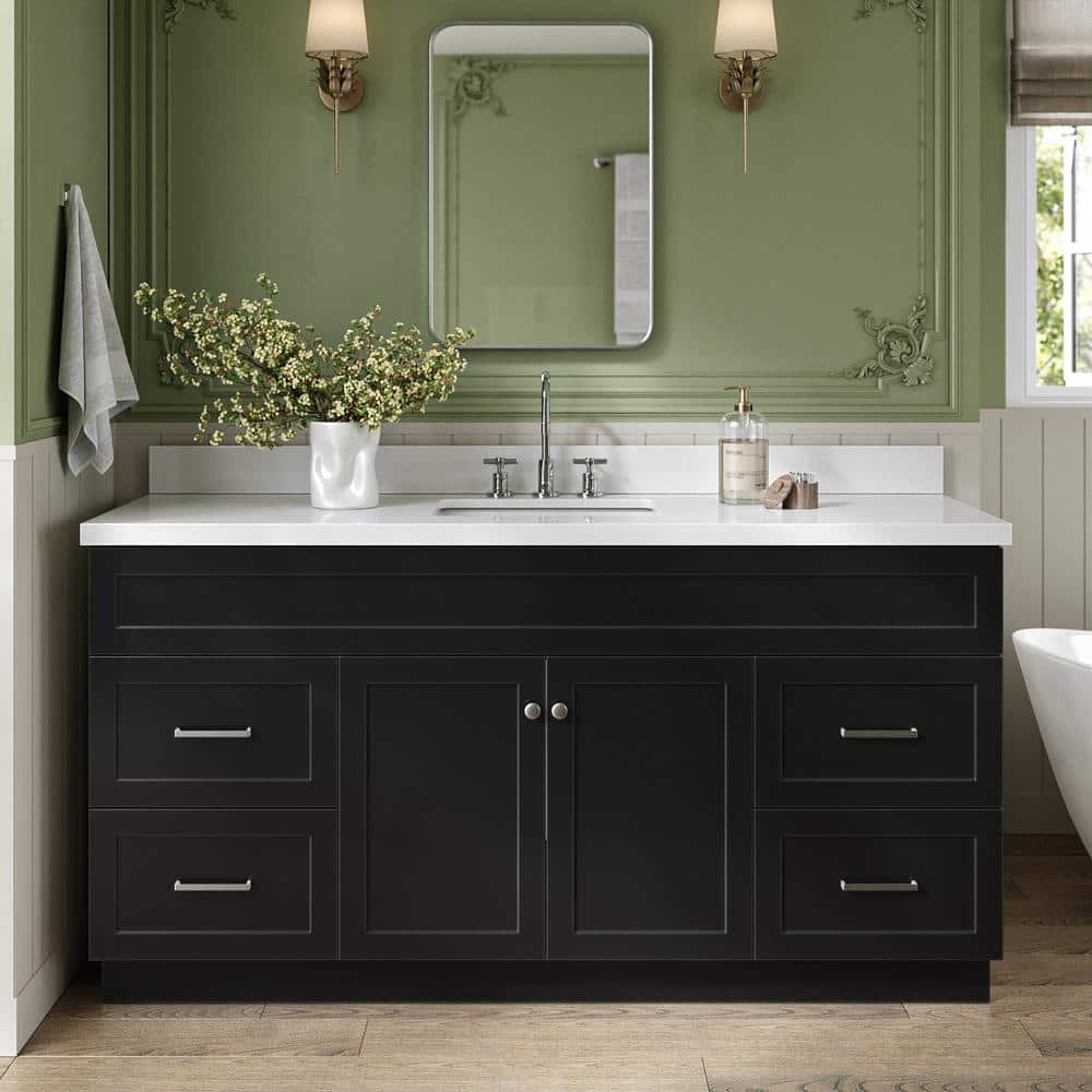 Hamlet Black 66" Freestanding Single Vanity Cabinet with Nickel Hardware