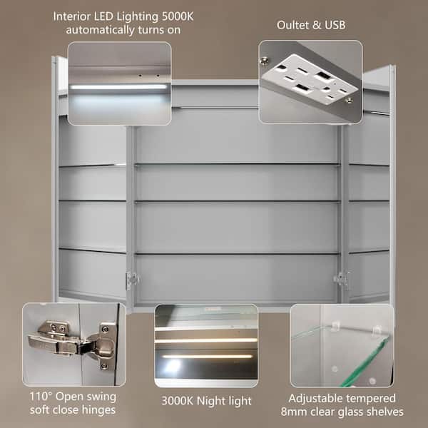 30 in. W x 32 in. H Rectangular Silver Aluminum Recessed/Surface Mount LED Medicine Cabinet with Mirror