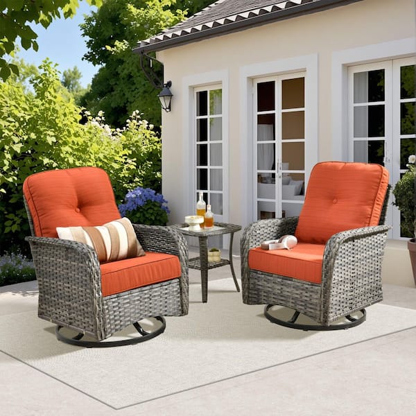 Clivia 3-PCS Gray Swivel Rocking Wicker Patio Outdoor Lounge Chair Chat Set with Coffee Table and Orange Red Cushion