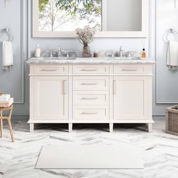 Home Decorators Collection Sonoma 60 in. W x 22 in. D x 34 in. H Double Sink Bath Vanity in Off White with Carrara Marble Top