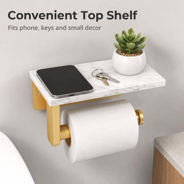 Wall Mount Toilet Paper Holder with Shelf for Bathroom, Marble Shelf and Stainless Steel Frame, Brushed Gold
