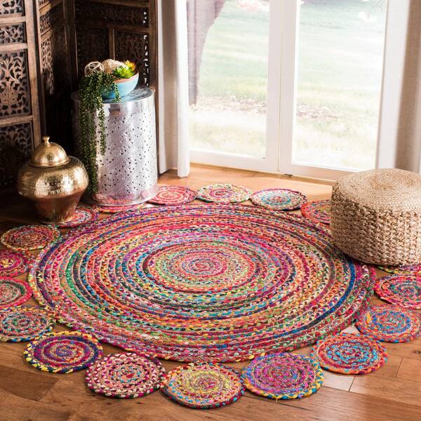 Cape Cod Red/Multi Doormat 3 ft. x 3 ft. Striped Circles Geometric Round Area Rug