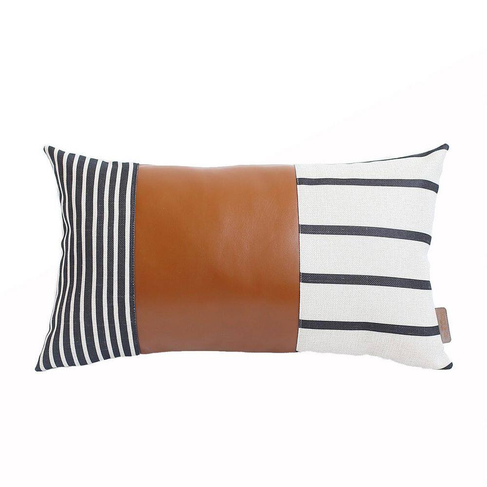 Bohemian Brown and Ivory Faux Leather Lumbar Pillow 12" x 20"