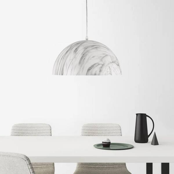 1-Light White Dome Pendant with Marble-Striped Metal Shade