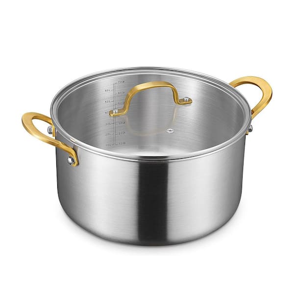 6 Quart Silver Tri-Ply Stainless Steel Stockpot with Glass Lid Even Heat Distribution Sturdy Handles Oven-Safe