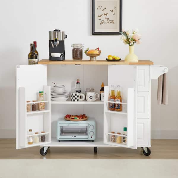 White Wood 53.8 in. Kitchen Island on 5 Wheels with Drop Leaf and Towel Rack