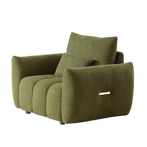 Modern Wood Outdoor Lounge Chair, Teddy Fabric Sofa with Green Cushions for Apartment, Office, Living Room, Bedroom