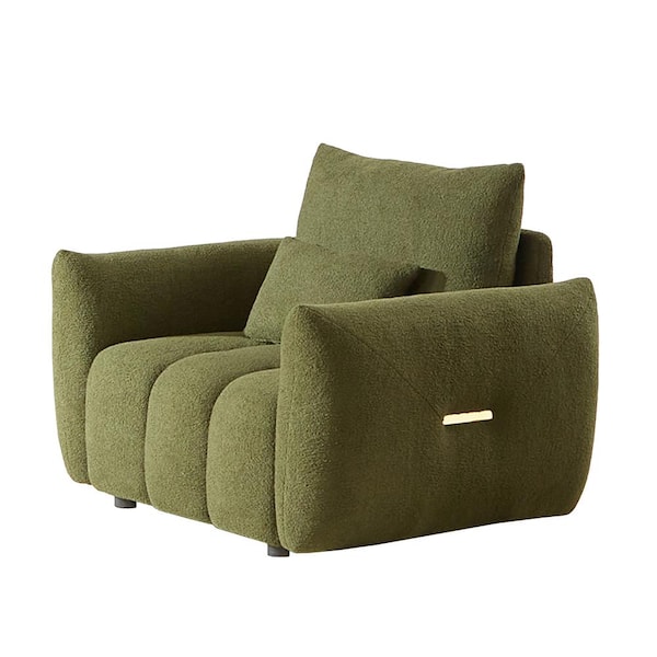 Unbranded Modern Wood Outdoor Lounge Chair, Teddy Fabric Sofa with Green Cushions for Apartment, Office, Living Room, Bedroom