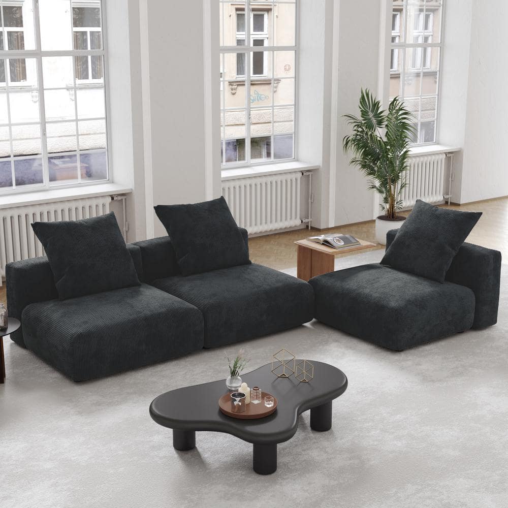 118 in. Armlessm Oversized Exra Large 3 Piece L Shaped Corduroy Modular Grand Sectional Sofa Rearrangeable Couch Black