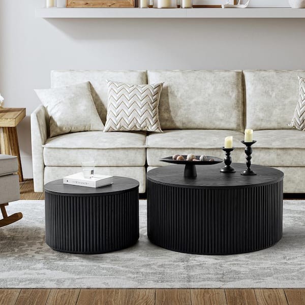 JAYDEN CREATION Rexina Black Modern 35.5 in. Round Wood Storage Coffee Table (Set of 2)