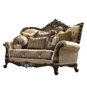 Latisha 52 in. Tan, Pattern Fabric and Antique Oak Fabric 2-Seats Loveseats with 5 Pillows