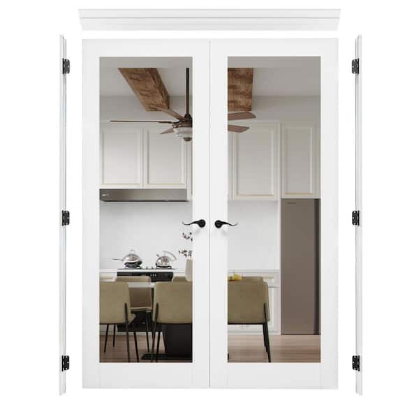 60 in. x 80 in. 1 Lite Mirrored Glass Universal Primed Solid Core Glass Double Prehung French Door + Quick Assemble Jamb