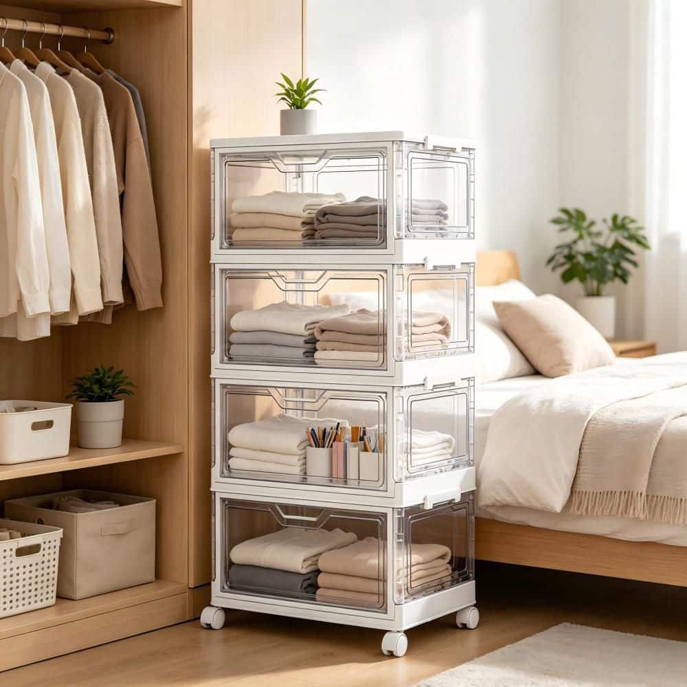 4-Tier White Foldable Storage Bins with Magnetic Door, 92Qt Stackable Plastic Closet Organizer, Dual Opening Lid