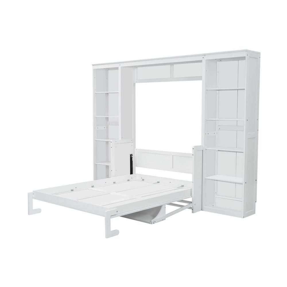 Front view of a white Murphy bed with side bookshelves, partially unfolded.