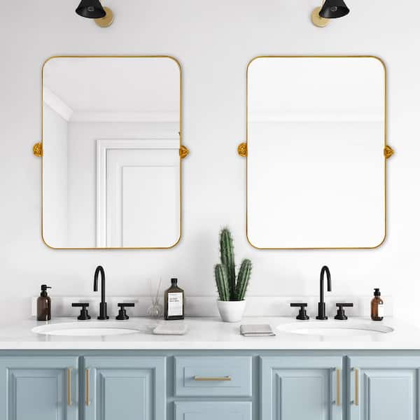 Golden 24 in. W x 32 in. H Modern Rectangle Metal Framed Pivoted Wall Vanity Mirror (Set of 2)