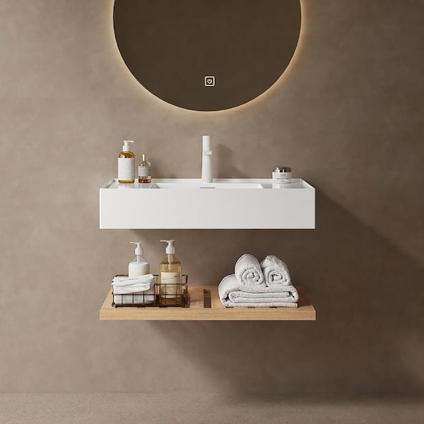 30 in. White Acrylic Wall-Mounted Bathroom Integrated Sink and Shelf