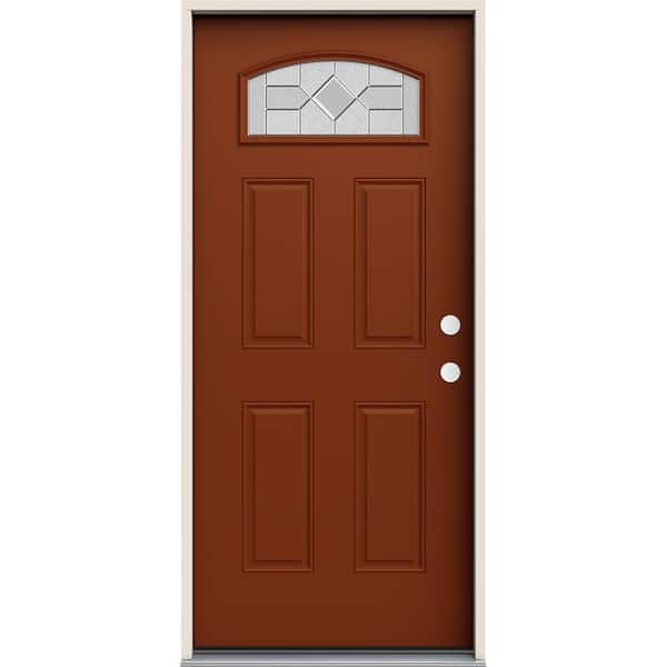JELD-WEN 36 in. x 80 in. Left-Hand/Inswing Camber Top Caldwell Decorative Glass Mesa Red Steel Prehung Front Door