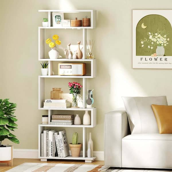 Costway 64 in. Tall White Wood 6-Shelf Bookcase with Anti-Tipping Kit Freestanding Display Shelf