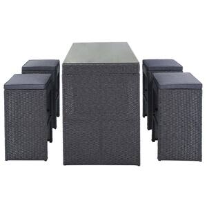 Gray 5-Piece Wicker Outdoor Dining Bar Set with Brown Cushions