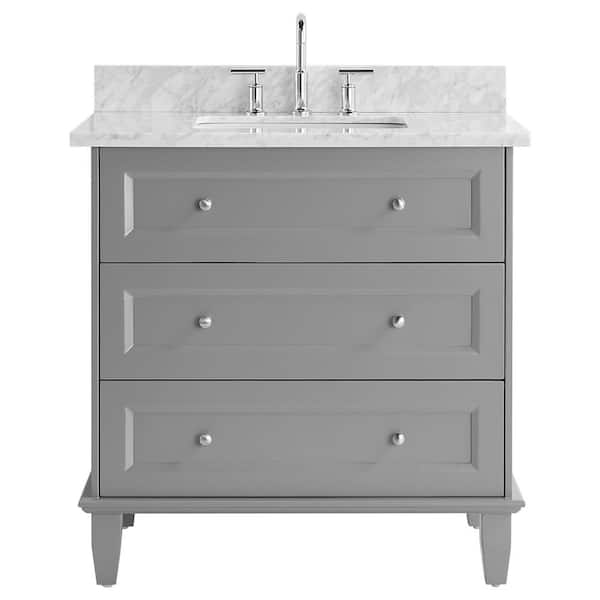 CHAMELEON CONCEPTS Lenore 36 in. W x 21 in. D x 34 in. H Single Sink Bath Vanity in Gray with Carrara Marble Top and Ceramic Basin