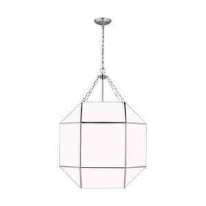 Morrison 4-Light Brushed Nickel Large Lantern Hanging Pendant Light with White Glass Panel