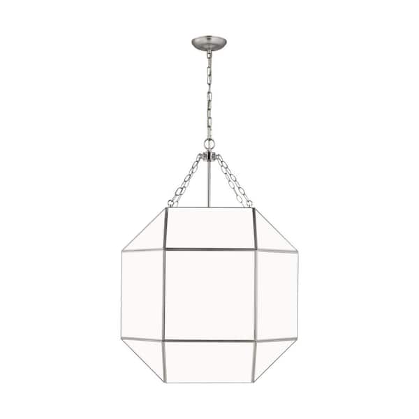 Generation Lighting Morrison 4-Light Brushed Nickel Large Lantern Hanging Pendant Light with White Glass Panel