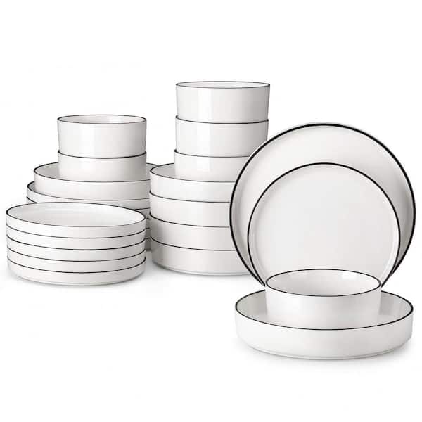24-Piece White Color Black Rim Porcelain Dinnerware Set Service for 6 Tableware Bowls and Plates Dinner Set