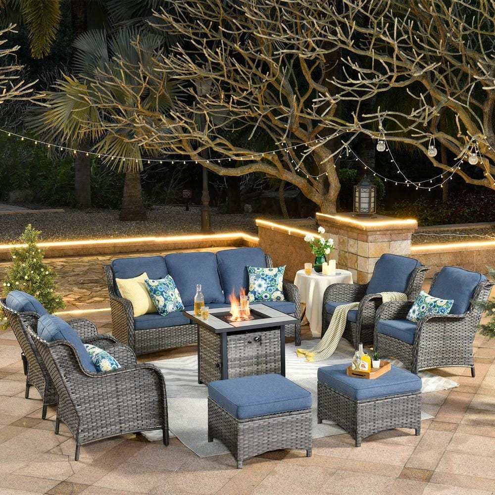 Erie Lake Gray 8-Piece Wicker Outdoor Patio Fire Pit Seating Sofa Set and with Denim Blue Cushions price history on PriceWatchPro