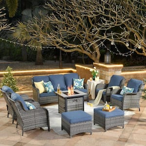 Erie Lake Gray 8-Piece Wicker Outdoor Patio Fire Pit Seating Sofa Set and with Denim Blue Cushions