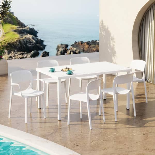 Frond and Form Modern Outdoor Patio Poly Plastic 7-Piece Rectangle Table Dining Set w/ 6 Stackable Chairs in White