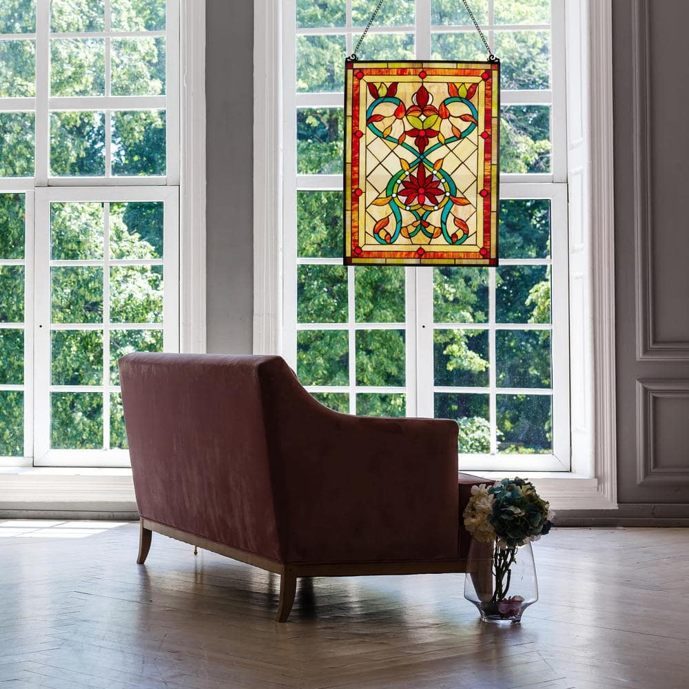 Fiery Hearts and Flowers Multicolor Stained Glass Window Panel