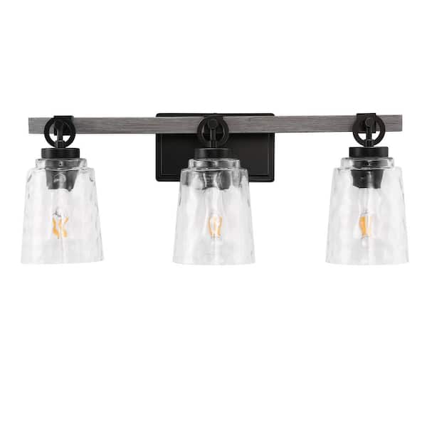 Briignite 24.1 in. 3-Light Black and Wood Grain Damp Rated Bell Vanity Light Glass for Bathroom with Dimmable No Bulbs Included