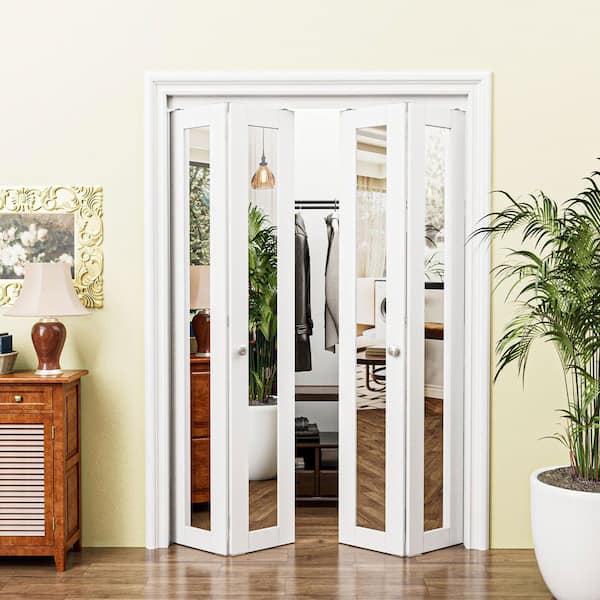 48 in. x 80 in. 1-Lite Mirrored Glass and Solid Core White Finished MDF Interior Closet Bi-fold Door with Hardware