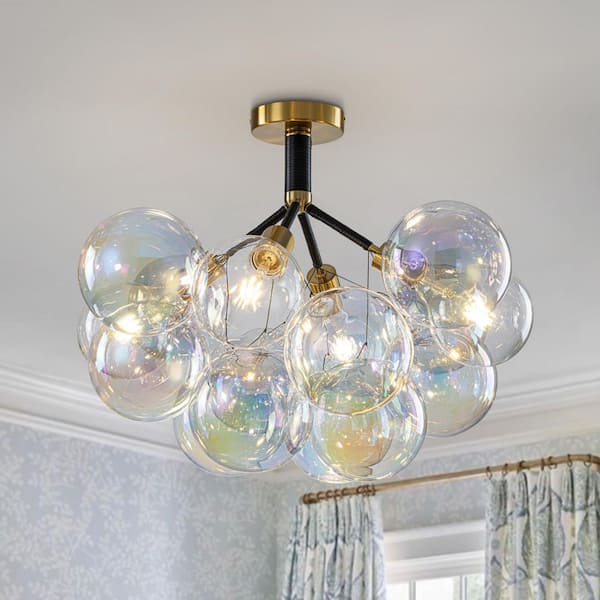 Alma 6-Light 24.8 in.W Brass and Black Semi Flush Mount Chandelier with Rainbow Glass and LED Bulb Included for Kitchen