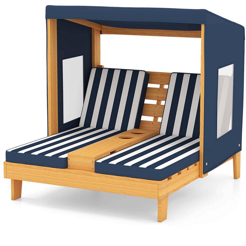 Blue 1-Piece Wood Outdoor Chaise Lounge with Cup Holders and Awning price history on PriceWatchPro