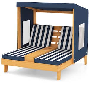Blue 1-Piece Wood Outdoor Chaise Lounge with Cup Holders and Awning