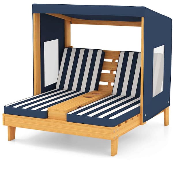 Costway Blue 1-Piece Wood Outdoor Chaise Lounge with Cup Holders and Awning